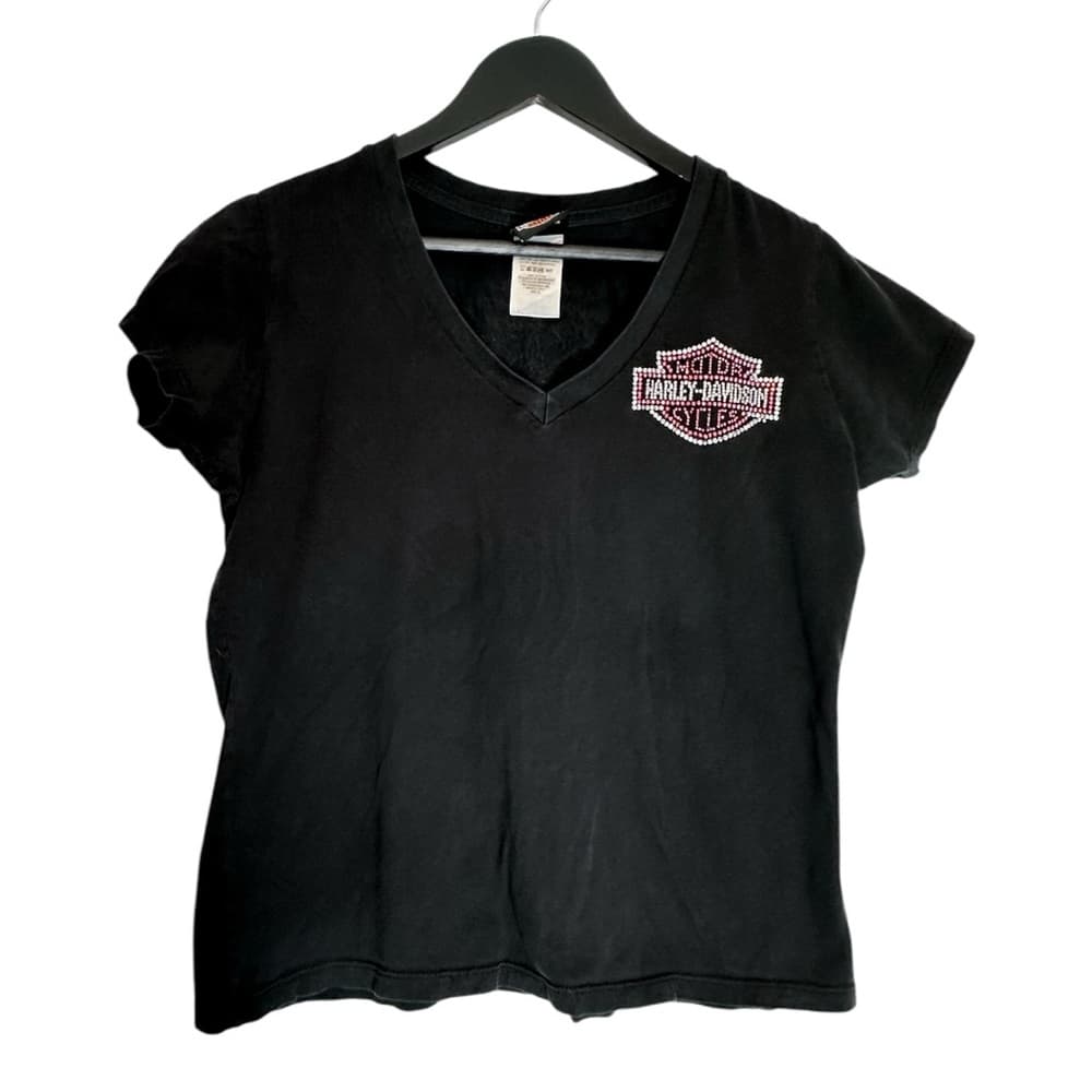 Harley Davidson Pink Rhinestone Logo Black Tee Shirt XL Y2K Biker Grunge - Thumbnail 13