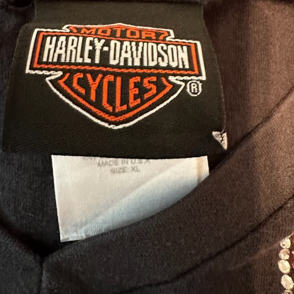 Harley Davidson Pink Rhinestone Logo Black Tee Shirt XL Y2K Biker Grunge - Thumbnail 6