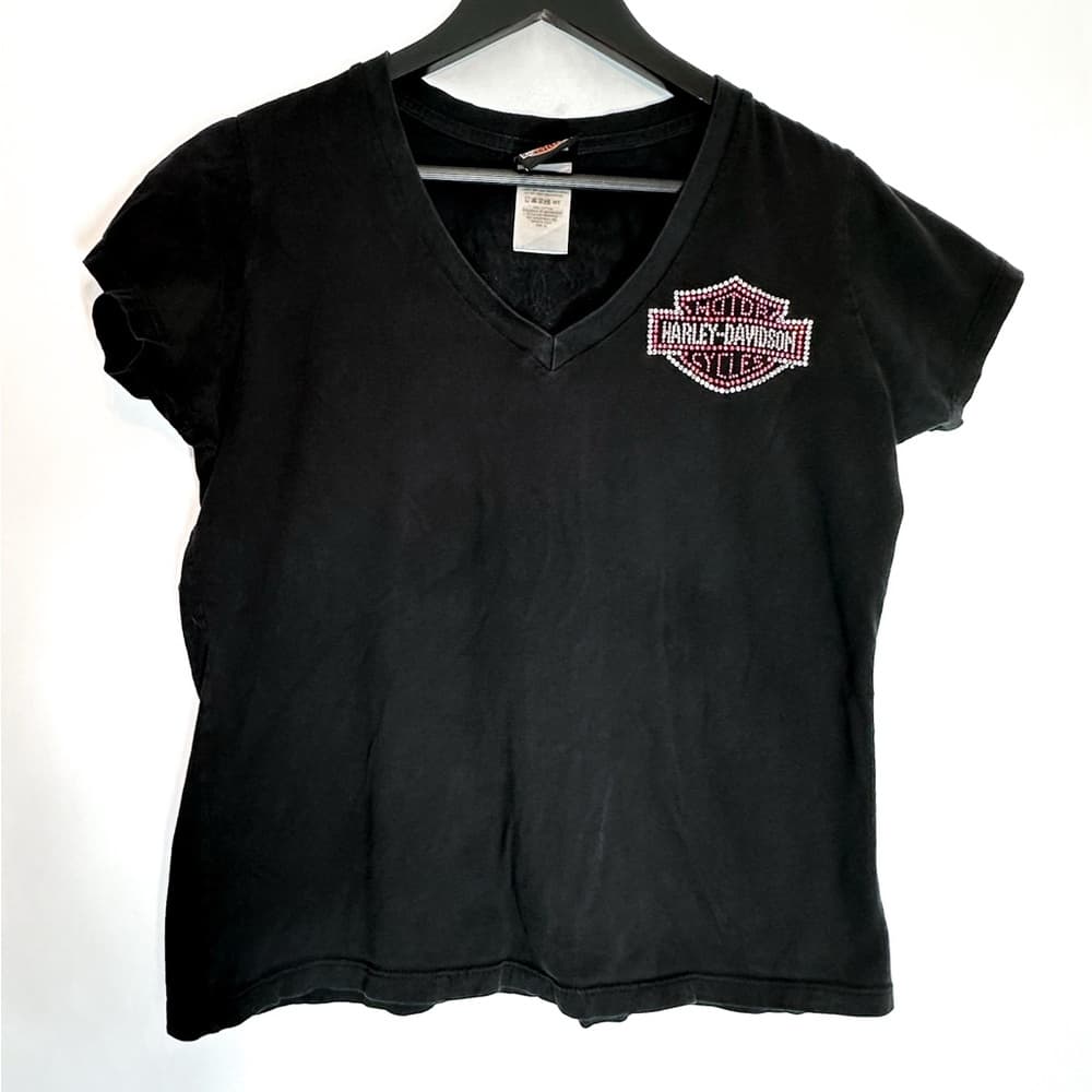 Harley Davidson Pink Rhinestone Logo Black Tee Shirt XL Y2K Biker Grunge