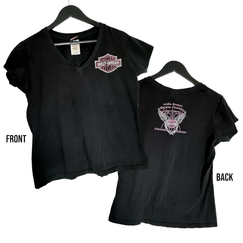 Harley Davidson Pink Rhinestone Logo Black Tee Shirt XL Y2K Biker Grunge - Thumbnail 2