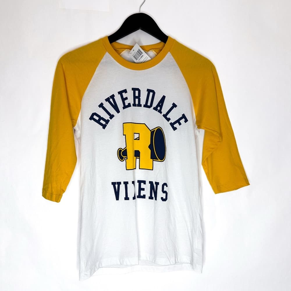 NWT Riverdale Vixens Hot Topic Yellow White 3/4 Sleeve Raglan Tee Small Juniors - Thumbnail 3