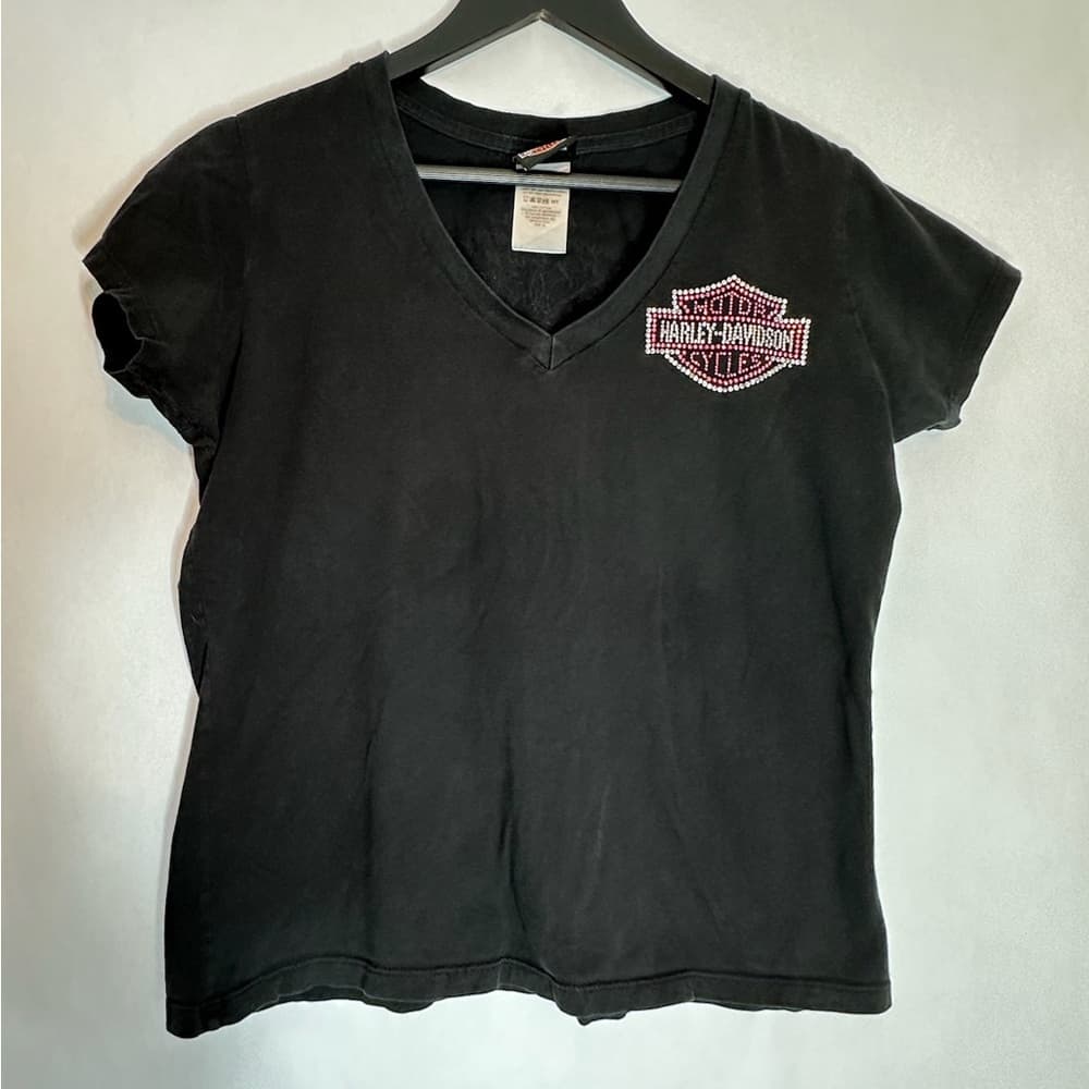 Harley Davidson Pink Rhinestone Logo Black Tee Shirt XL Y2K Biker Grunge - Thumbnail 12