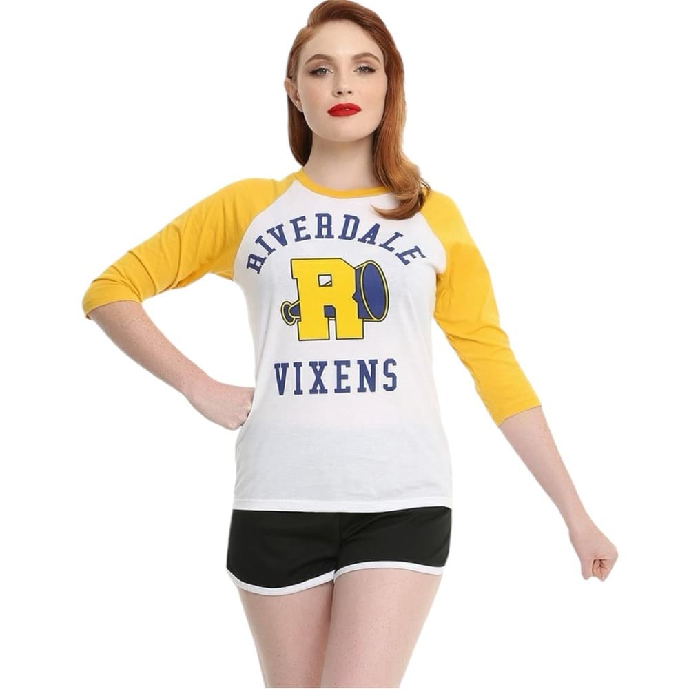 NWT Riverdale Vixens Hot Topic Yellow White 3/4 Sleeve Raglan Tee Small Juniors - Thumbnail 6