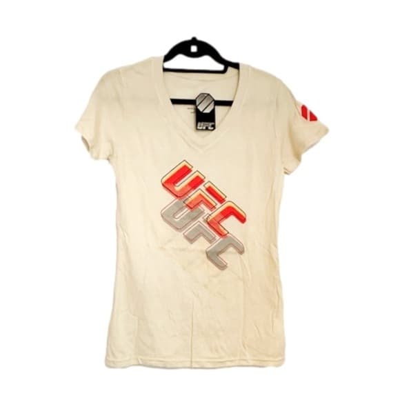NWT UFC Women’s Cream V-Neck Graphic Tee Logo Short Sleeve Athletic Top Medium - Thumbnail 13