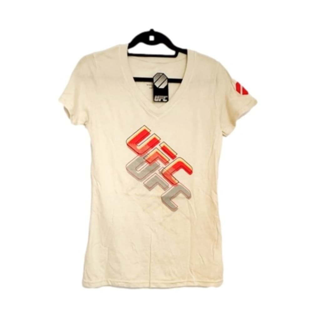 NWT UFC Women’s Cream V-Neck Graphic Tee Logo Short Sleeve Athletic Top Medium - Thumbnail 12