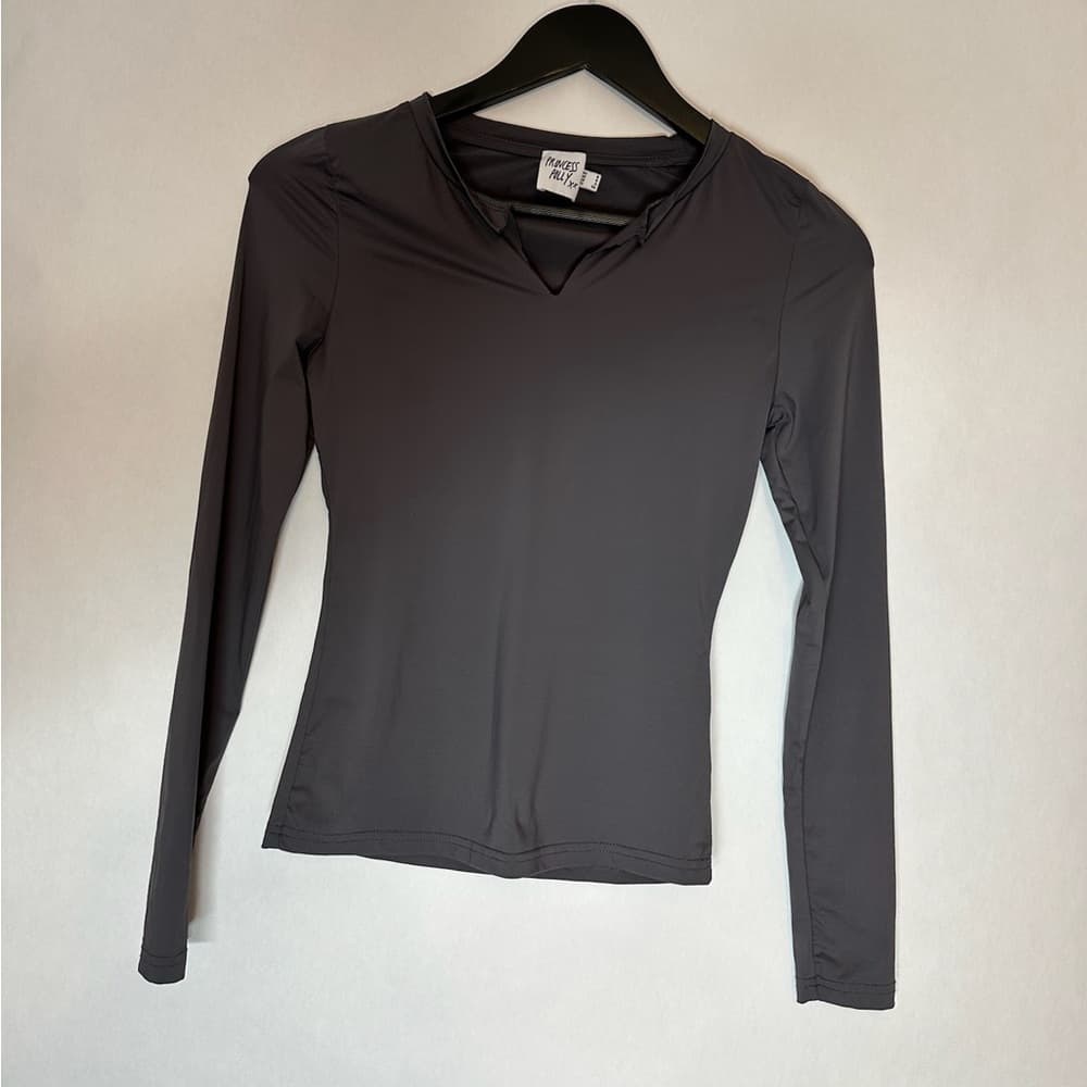 Princess Polly Gray Long Sleeve Athleisure Top US 4 CUT NECKLINE Neutral - Thumbnail 2