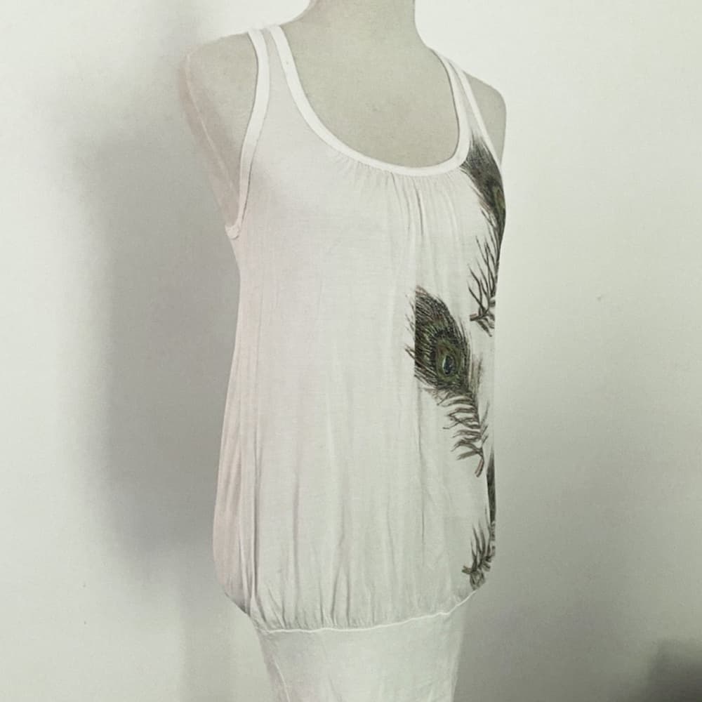 Forever 21 Tank Top Peacock Feather Design Boho Sleeveless Y2K Medium FLAWED - Thumbnail 11