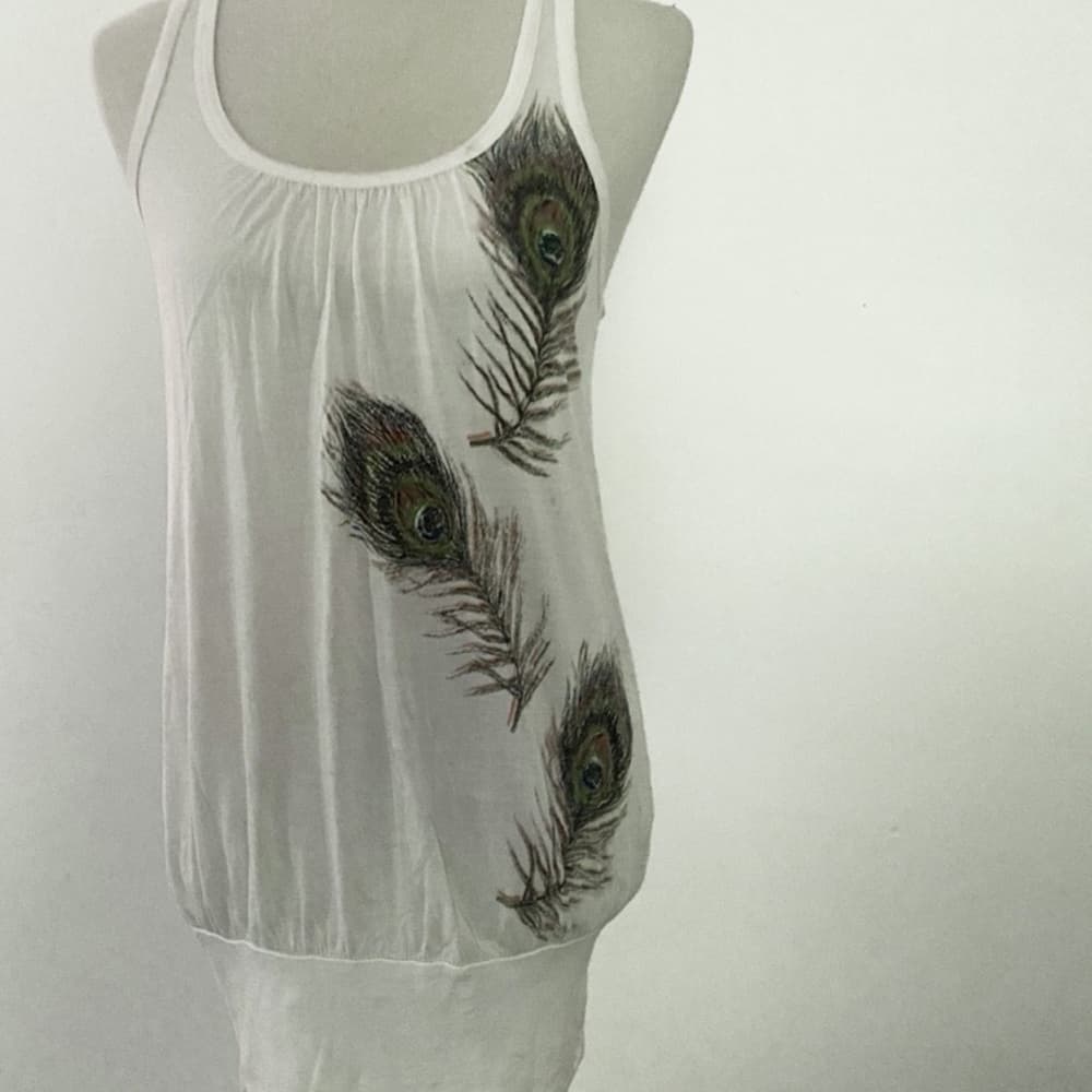 Forever 21 Tank Top Peacock Feather Design Boho Sleeveless Y2K Medium FLAWED - Thumbnail 10