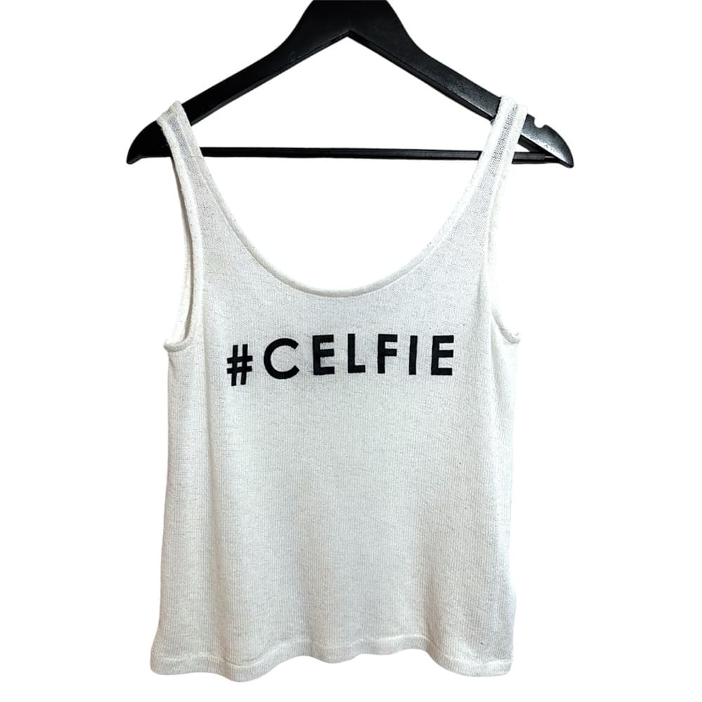 H&M Divided White Knit Tank Top #CELFIE Graphic Slightly Sheer Size Medium - Thumbnail 6