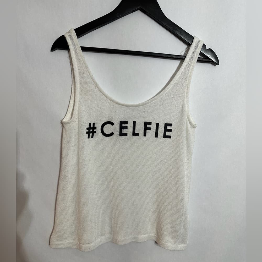 H&M Divided White Knit Tank Top #CELFIE Graphic Slightly Sheer Size Medium - Thumbnail 5