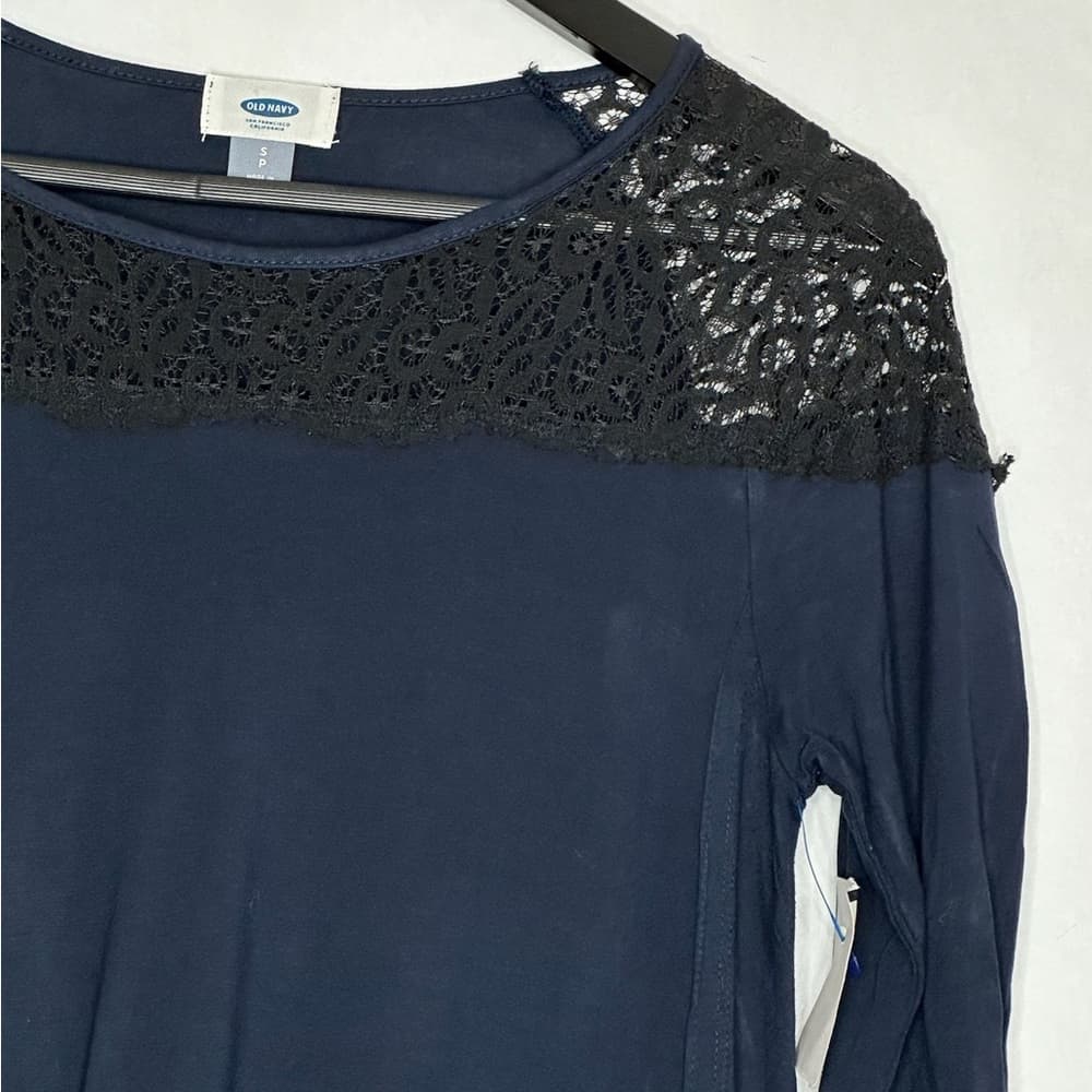 NEW Old Navy Navy Blue Lace Yoke Long Sleeve Top Casual Blouse Small SEE NOTE - Thumbnail 2