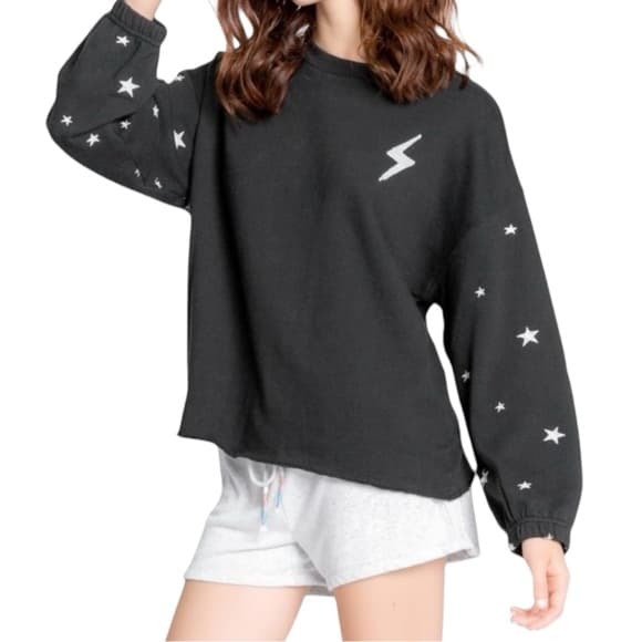 PJ Salvage Lightning Bolt & Star Black Sweatshirt Distressed Hem Design Small - Thumbnail 8