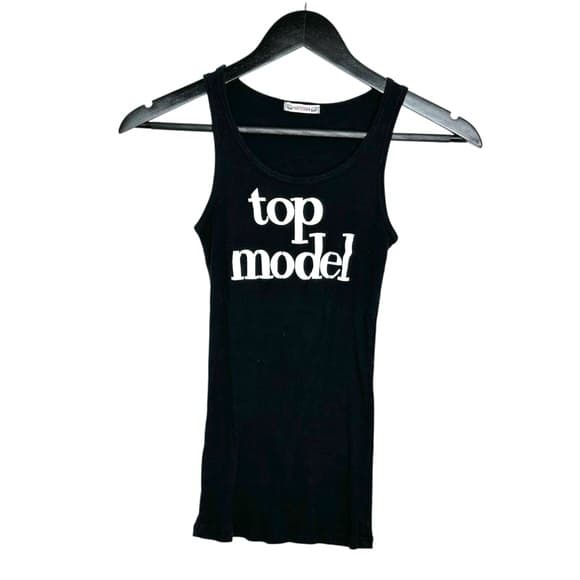 Hannah “Top Model” Black Ribbed Graphic Tank Y2K See Measurements (Likely XS) - Thumbnail 7