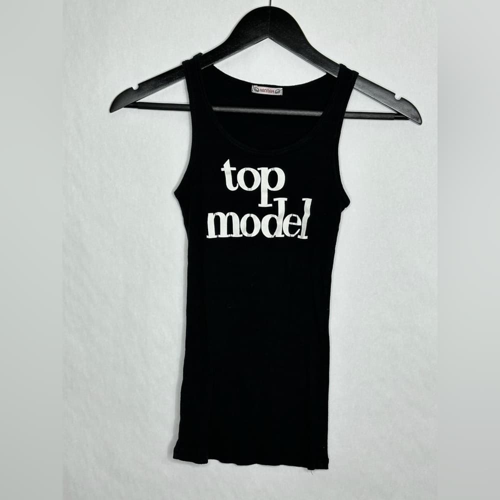 Hannah “Top Model” Black Ribbed Graphic Tank Y2K See Measurements (Likely XS)