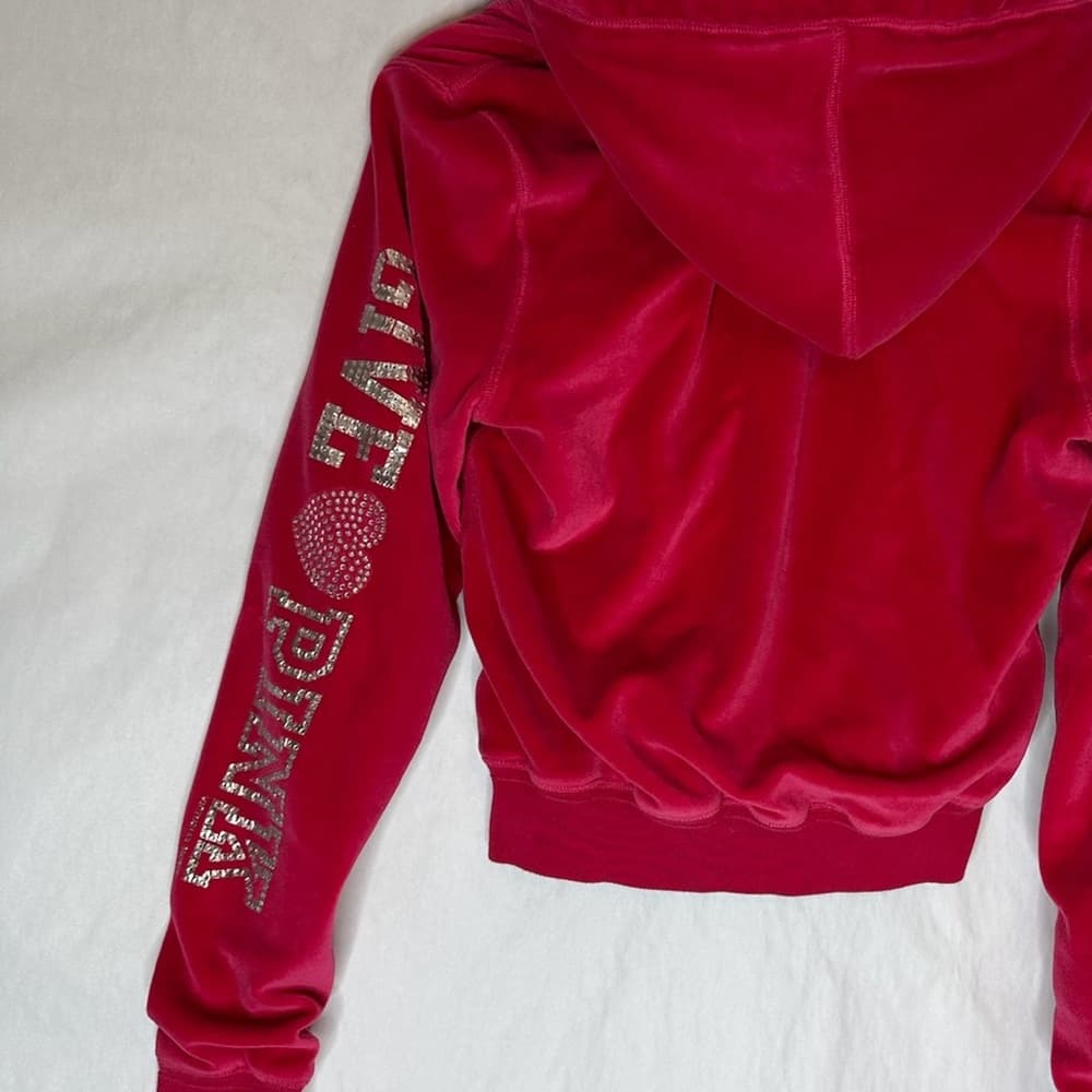 PINK Victorias Secret Fur Lined Hoodie Y2K Vintage Velour Zip Rhinestones Medium - Thumbnail 5