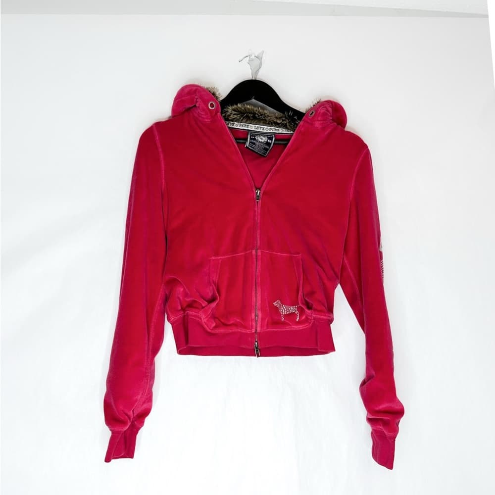 PINK Victorias Secret Fur Lined Hoodie Y2K Vintage Velour Zip Rhinestones Medium - Thumbnail 10