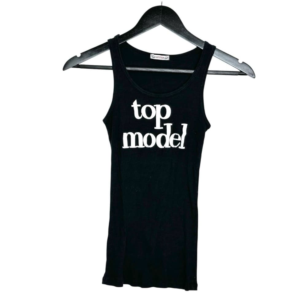 Hannah “Top Model” Black Ribbed Graphic Tank Y2K See Measurements (Likely XS) - Thumbnail 6