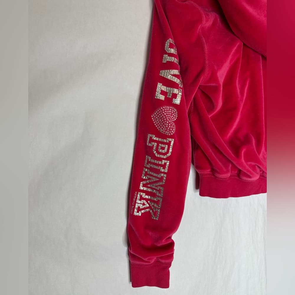 PINK Victorias Secret Fur Lined Hoodie Y2K Vintage Velour Zip Rhinestones Medium - Thumbnail 3