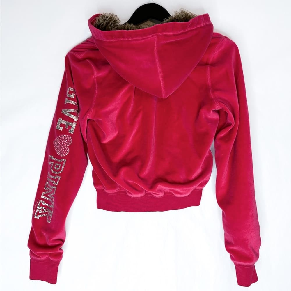 PINK Victorias Secret Fur Lined Hoodie Y2K Vintage Velour Zip Rhinestones Medium - Thumbnail 4