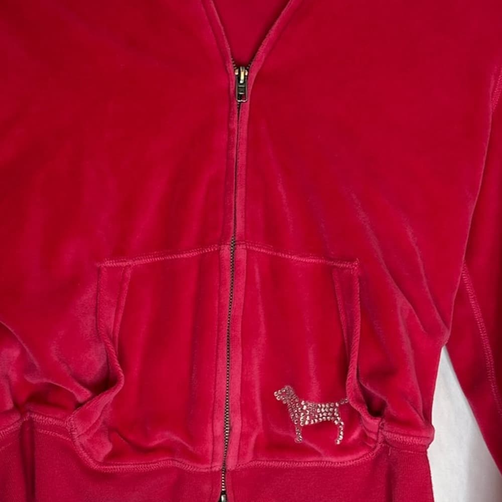 PINK Victorias Secret Fur Lined Hoodie Y2K Vintage Velour Zip Rhinestones Medium - Thumbnail 9