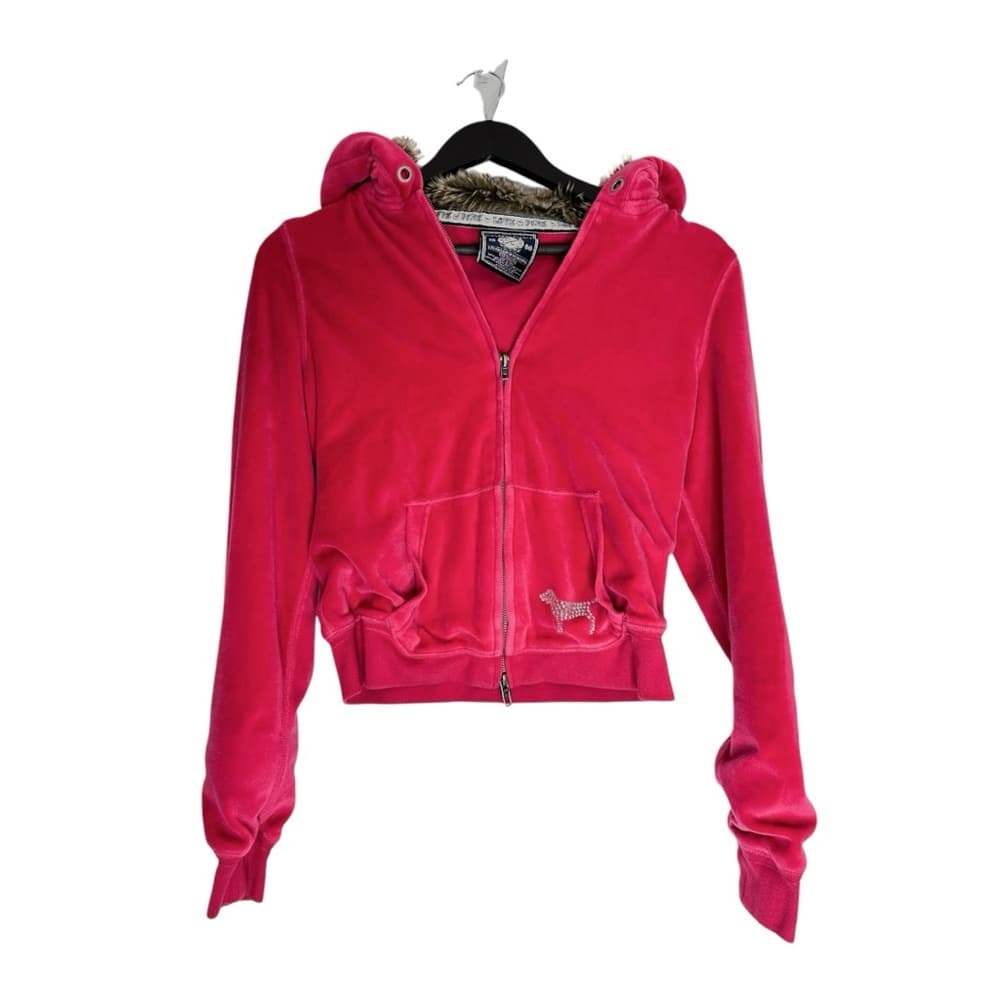 PINK Victorias Secret Fur Lined Hoodie Y2K Vintage Velour Zip Rhinestones Medium - Thumbnail 13