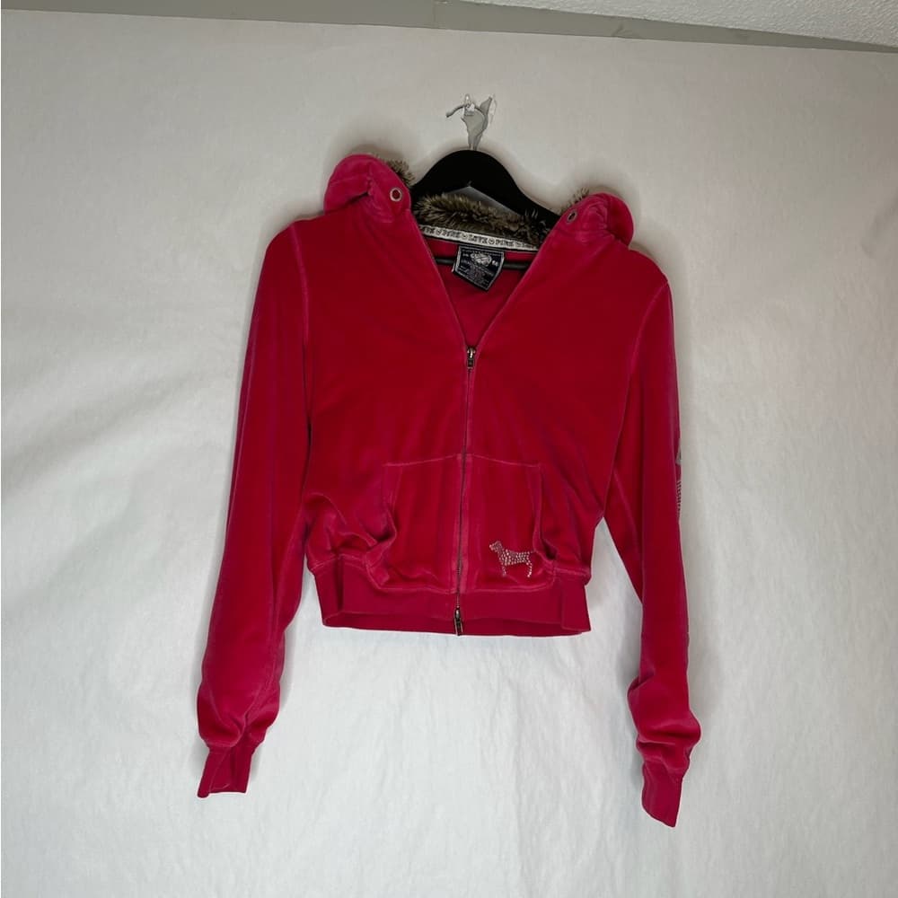PINK Victorias Secret Fur Lined Hoodie Y2K Vintage Velour Zip Rhinestones Medium - Thumbnail 11
