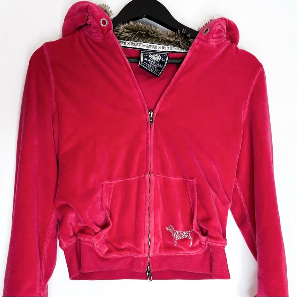 PINK Victorias Secret Fur Lined Hoodie Y2K Vintage Velour Zip Rhinestones Medium - Thumbnail 8
