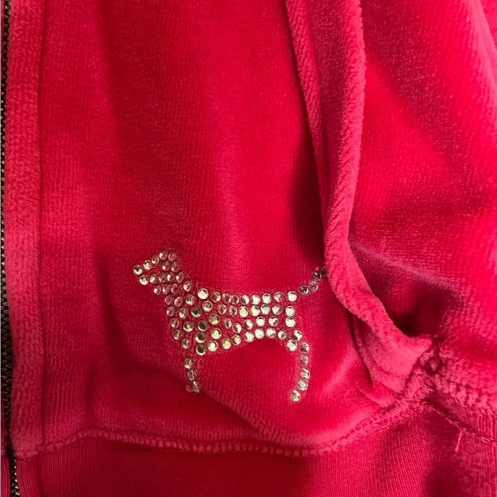 PINK Victorias Secret Fur Lined Hoodie Y2K Vintage Velour Zip Rhinestones Medium - Thumbnail 7