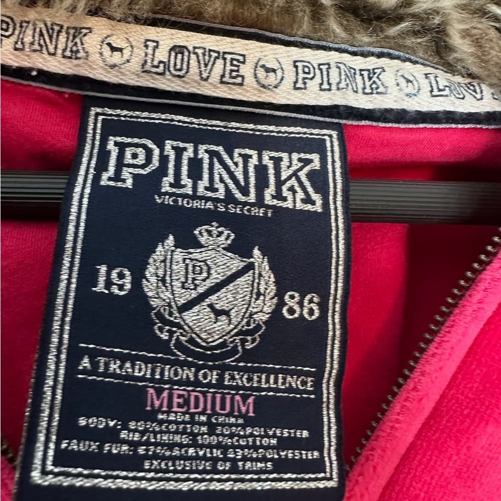 PINK Victorias Secret Fur Lined Hoodie Y2K Vintage Velour Zip Rhinestones Medium - Thumbnail 6