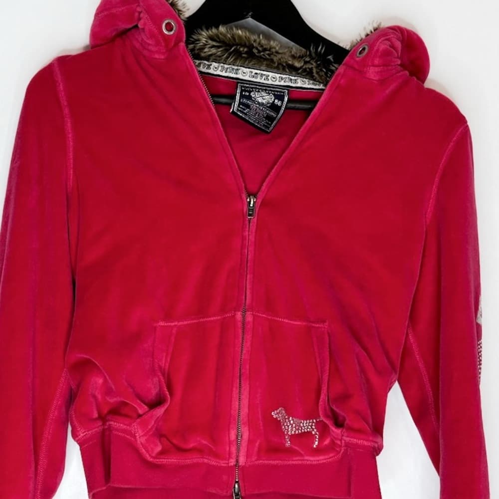PINK Victorias Secret Fur Lined Hoodie Y2K Vintage Velour Zip Rhinestones Medium - Thumbnail 12