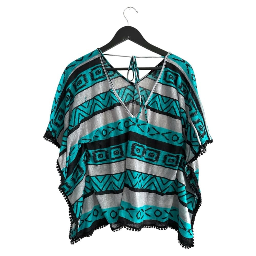 Aztec Print Teal Black & Gray Slightly Sheer Poncho Top Size Medium - Thumbnail 4