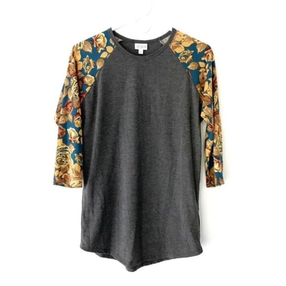 LuLaRoe Randy Raglan Floral Sleeve Baseball Tee Gray Mustard Roses Small (6-8) - Thumbnail 7