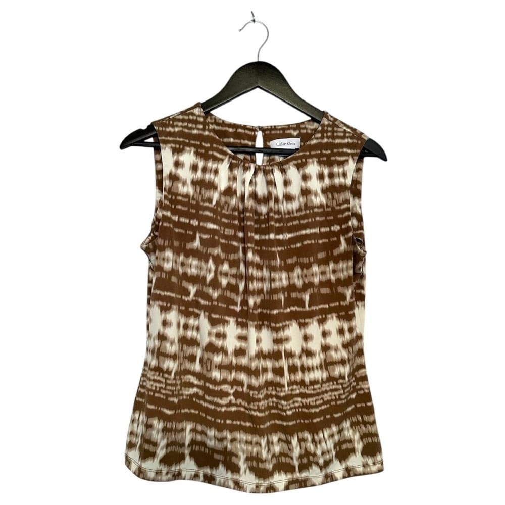 Calvin Klein Brown White Tie Dye Sleeveless Blouse Size Medium Business Casual - Thumbnail 5