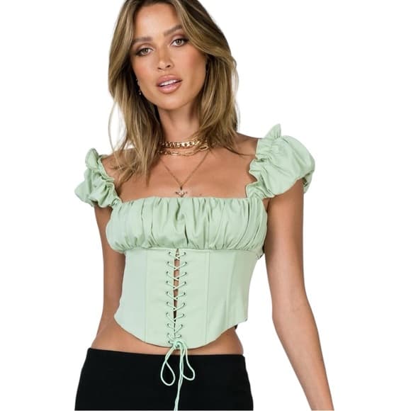 Princess Polly Harry Corset Off Shoulder Lace Up Top Green “Light Sage” US 4 - Thumbnail 12
