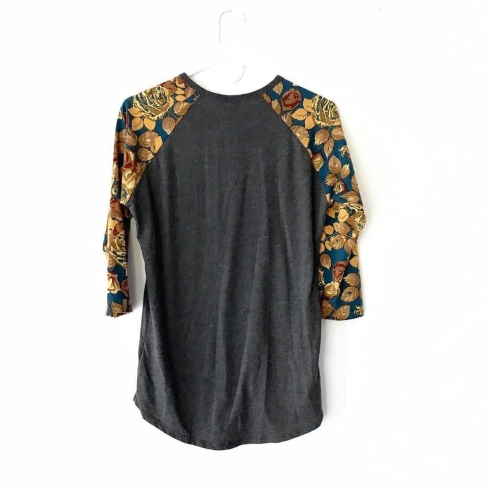LuLaRoe Randy Raglan Floral Sleeve Baseball Tee Gray Mustard Roses Small (6-8) - Thumbnail 4