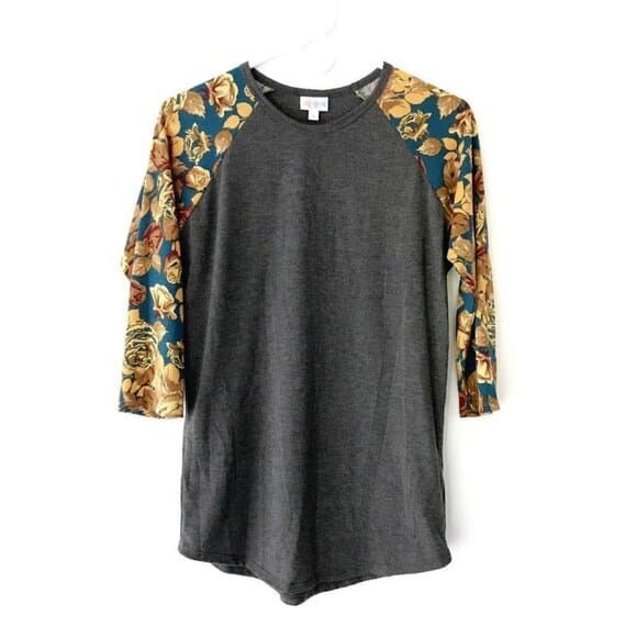 LuLaRoe Randy Raglan Floral Sleeve Baseball Tee Gray Mustard Roses Small (6-8) - Thumbnail 8