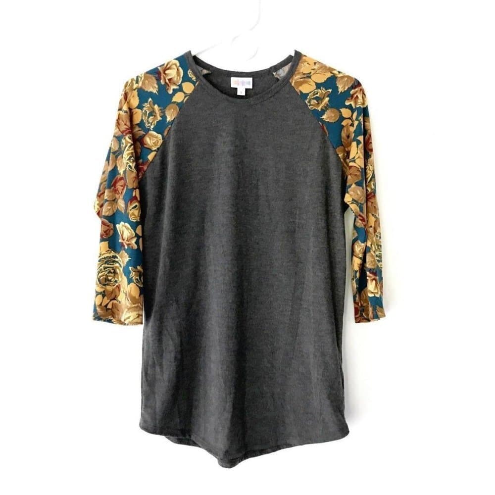 LuLaRoe Randy Raglan Floral Sleeve Baseball Tee Gray Mustard Roses Small (6-8)