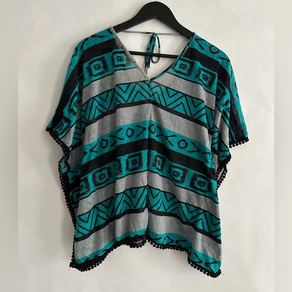 Aztec Print Teal Black & Gray Slightly Sheer Poncho Top Size Medium - Thumbnail 2
