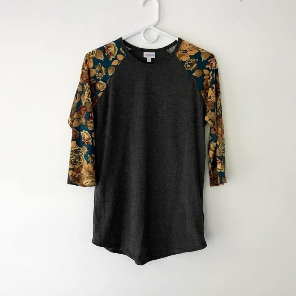 LuLaRoe Randy Raglan Floral Sleeve Baseball Tee Gray Mustard Roses Small (6-8) - Thumbnail 2