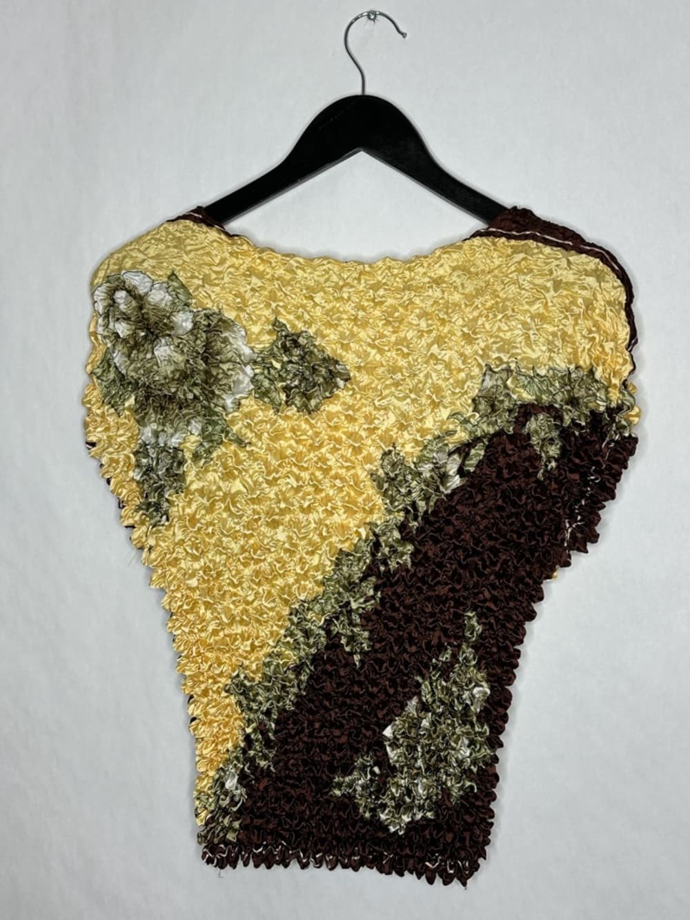 Radiance Textured Crinkle Floral Top Y2K Popcorn Stretch Blouse Brown Yellow OS - Thumbnail 3