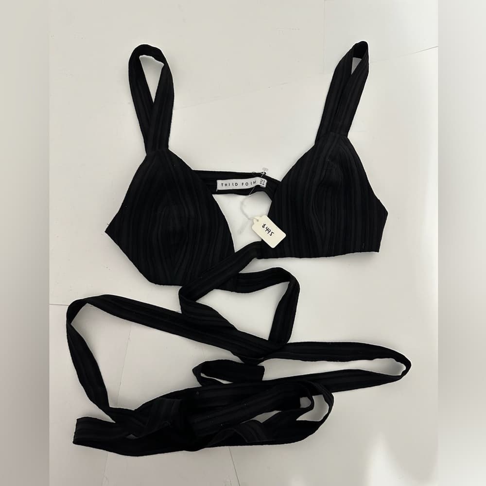 NEW Third Form Black Ribbed Wrap Crop Top Tie Waist US 2 Luxury Resortwear - Thumbnail 4
