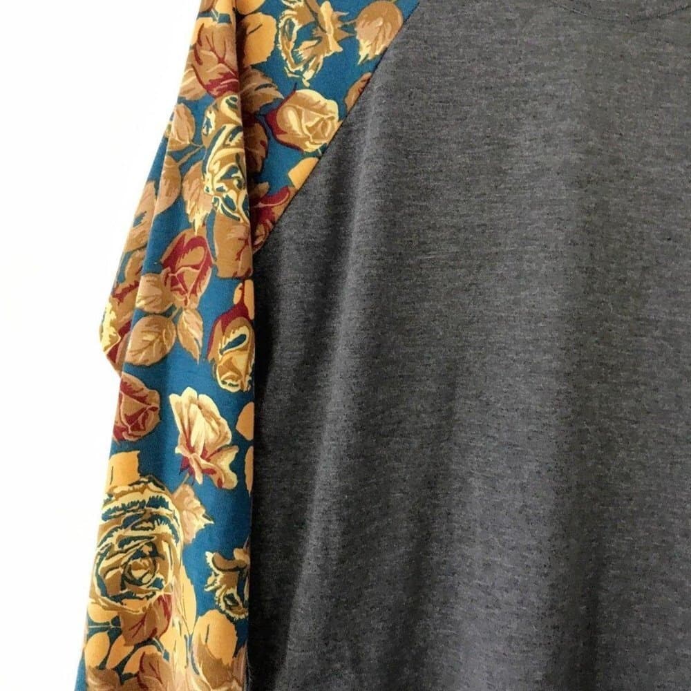 LuLaRoe Randy Raglan Floral Sleeve Baseball Tee Gray Mustard Roses Small (6-8) - Thumbnail 3