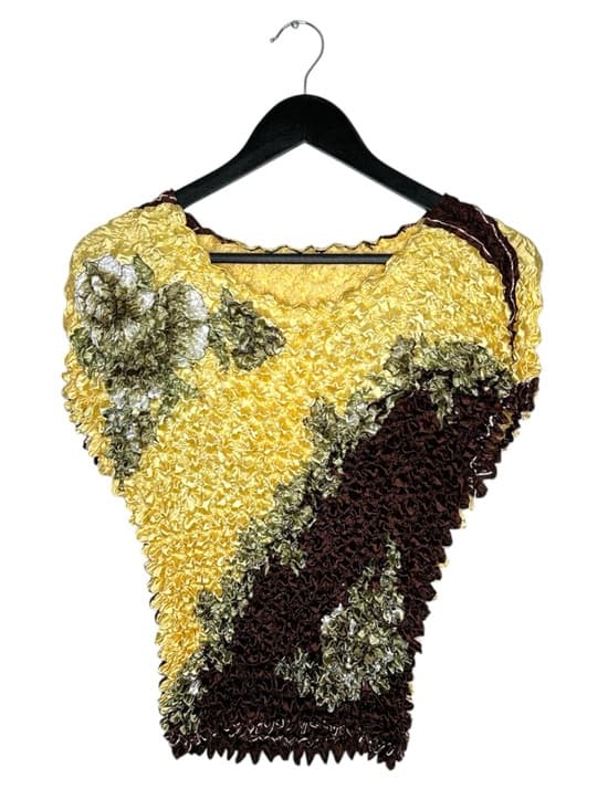 Radiance Textured Crinkle Floral Top Y2K Popcorn Stretch Blouse Brown Yellow OS - Thumbnail 7