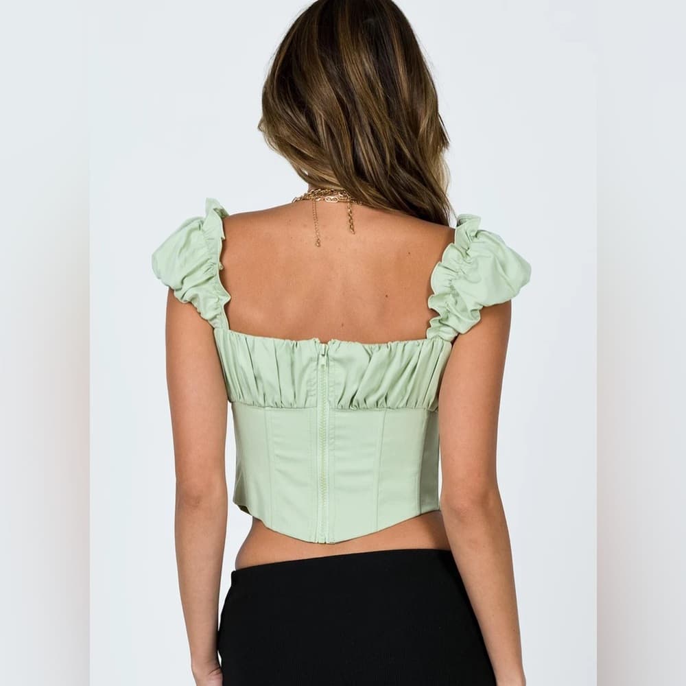 Princess Polly Harry Corset Off Shoulder Lace Up Top Green “Light Sage” US 4 - Thumbnail 2