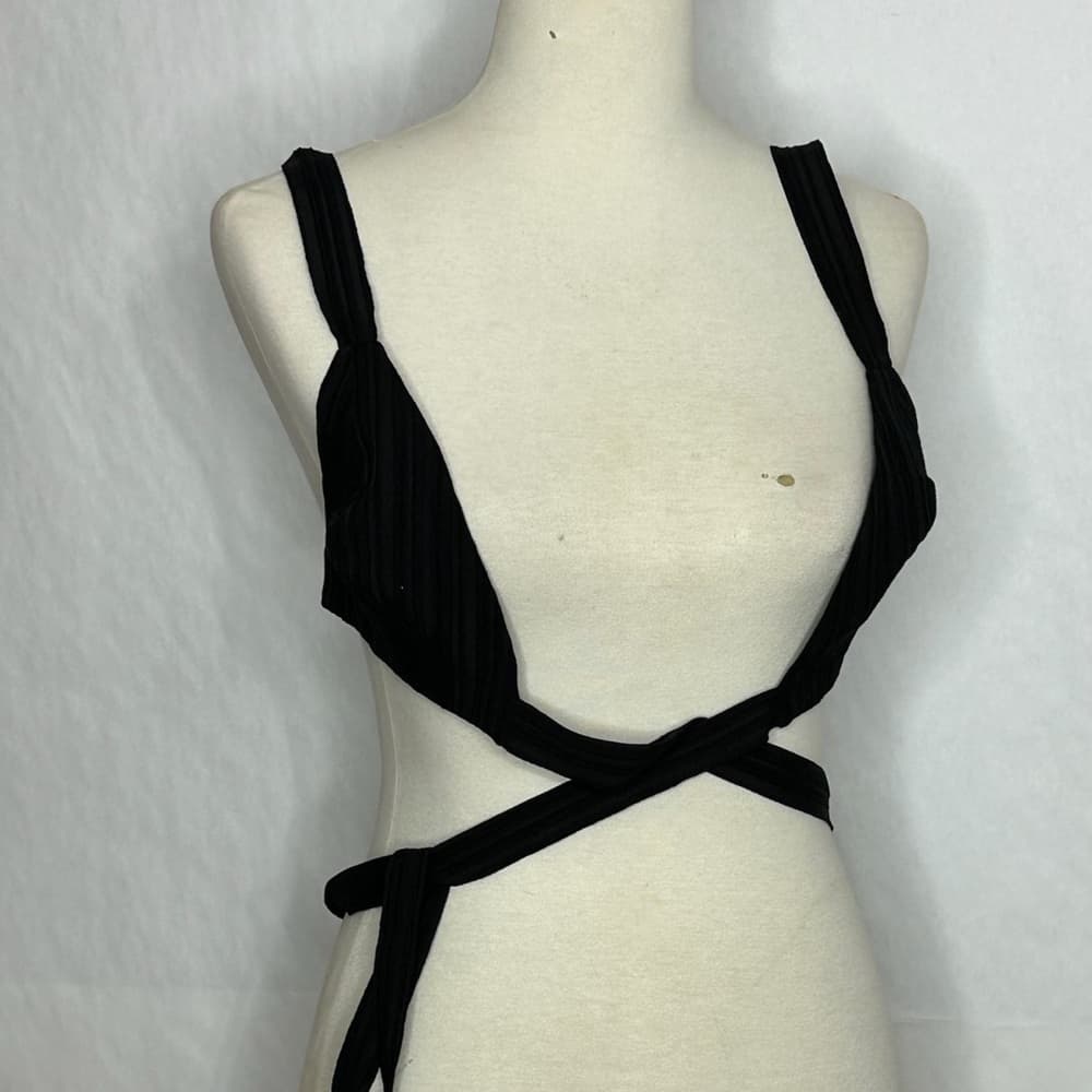 NEW Third Form Black Ribbed Wrap Crop Top Tie Waist US 2 Luxury Resortwear - Thumbnail 3