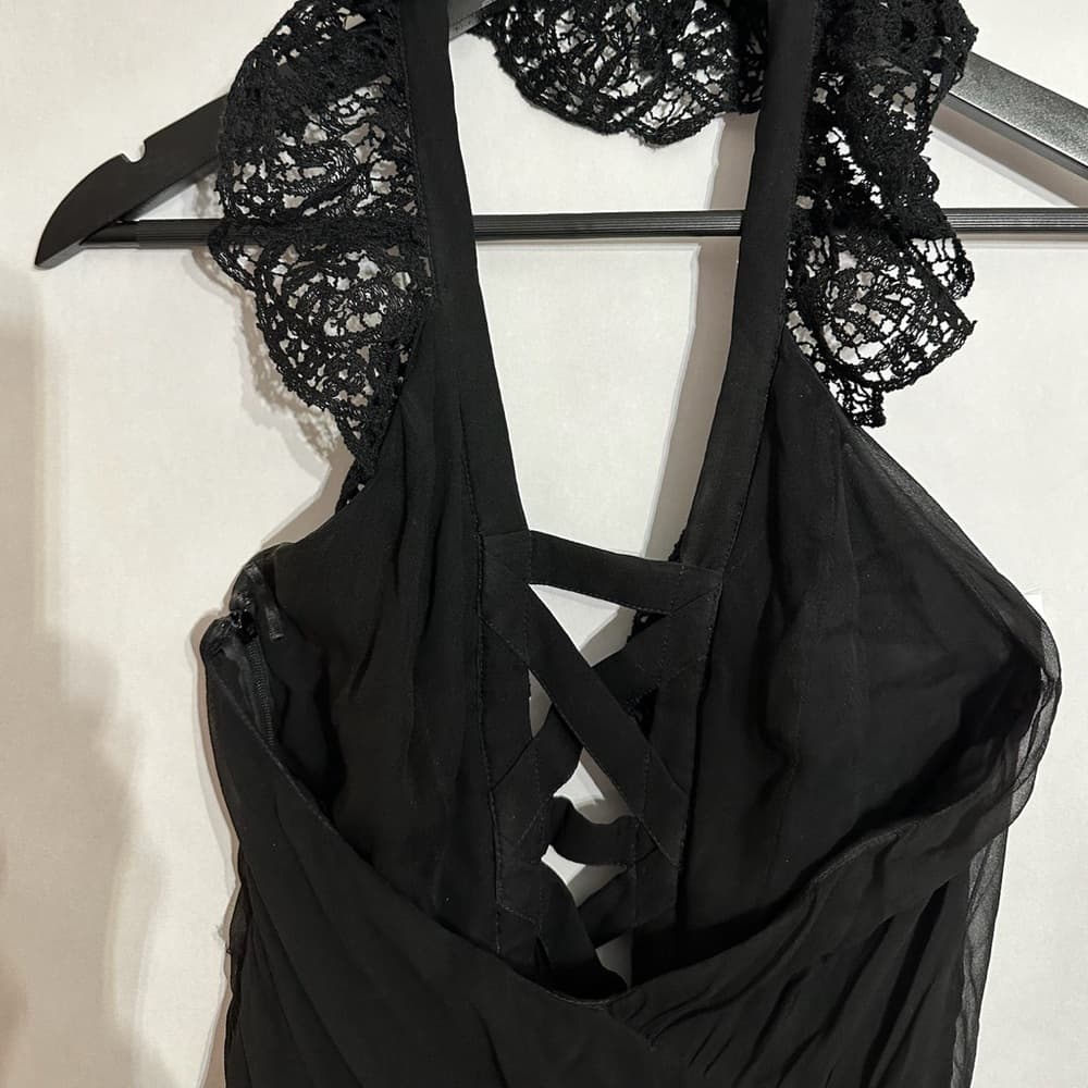 Black Lace Ruffle Halter Lace Up Top Fairy Goth Romantic See Measurement Like XS - Thumbnail 5
