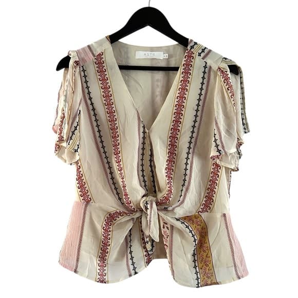 ASTR The Label Cream Boho Pattern Tie Front Cold Shoulder Blouse Size Medium - Thumbnail 9