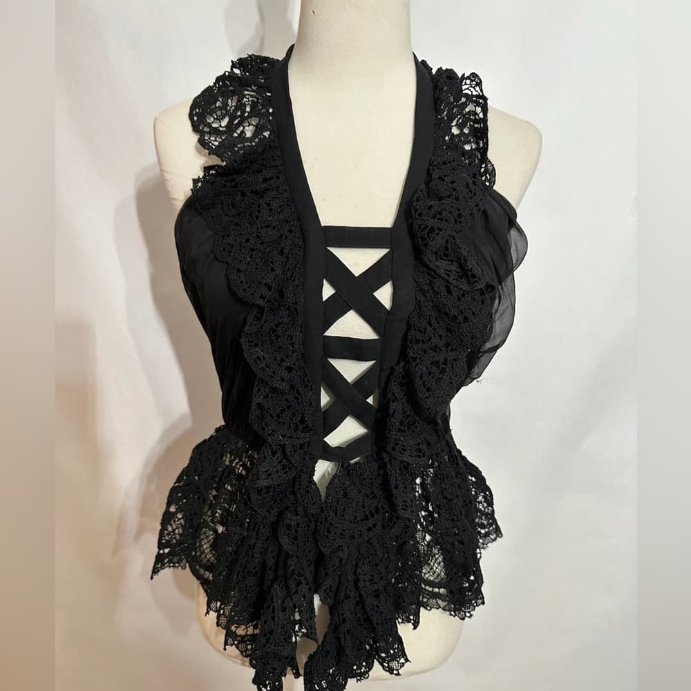 Black Lace Ruffle Halter Lace Up Top Fairy Goth Romantic See Measurement Like XS - Thumbnail 2