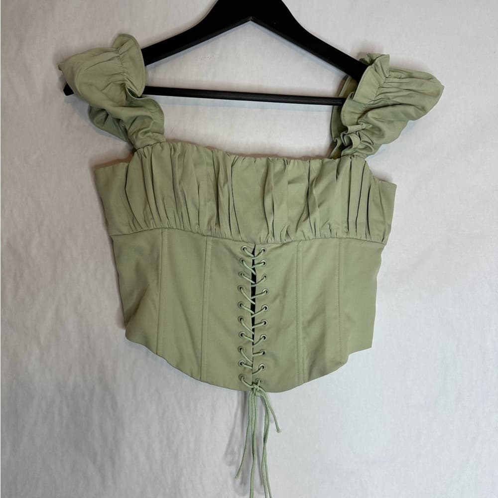Princess Polly Harry Corset Off Shoulder Lace Up Top Green “Light Sage” US 4 - Thumbnail 9