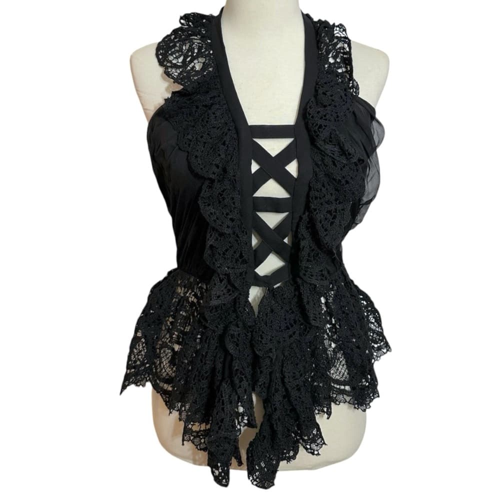 Black Lace Ruffle Halter Lace Up Top Fairy Goth Romantic See Measurement Like XS - Thumbnail 10